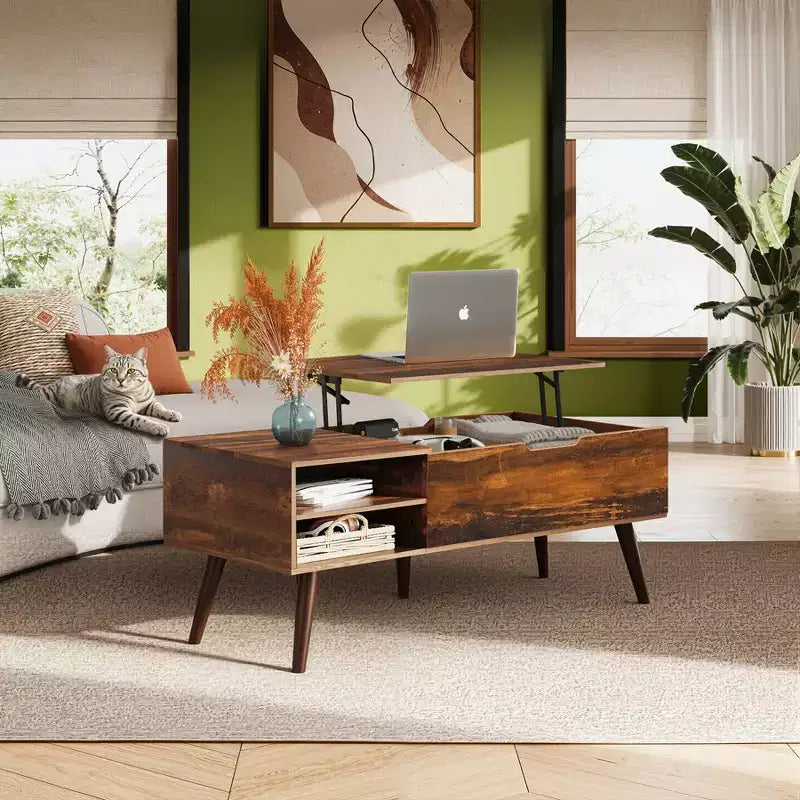 Table basse, tables basses relevables avec étagère de rangement réglable et compartiment caché, table à manger relevable pour le salon