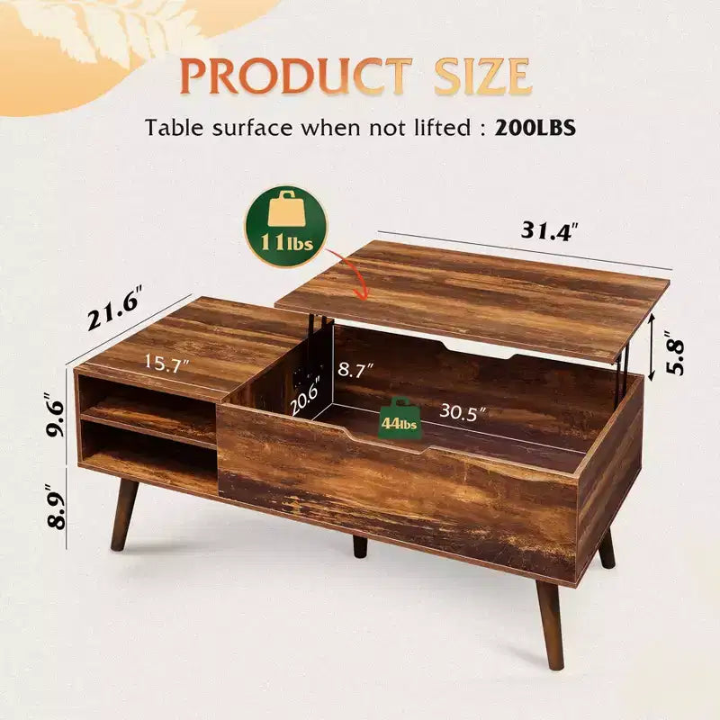 Table basse, tables basses relevables avec étagère de rangement réglable et compartiment caché, table à manger relevable pour le salon