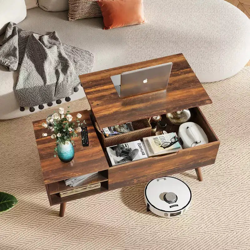 Table basse, tables basses relevables avec étagère de rangement réglable et compartiment caché, table à manger relevable pour le salon