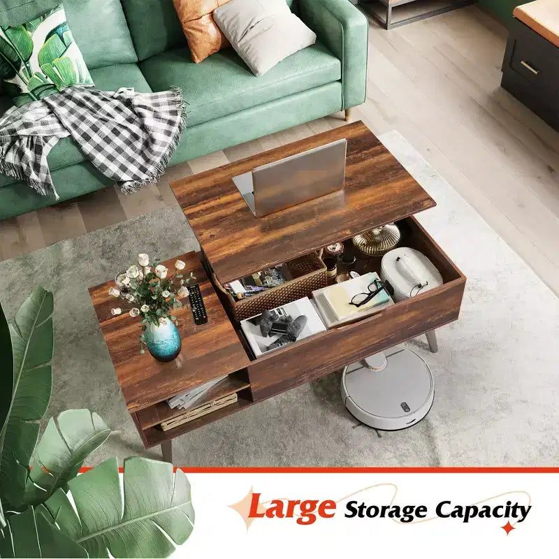 Table basse, tables basses relevables avec étagère de rangement réglable et compartiment caché, table à manger relevable pour le salon