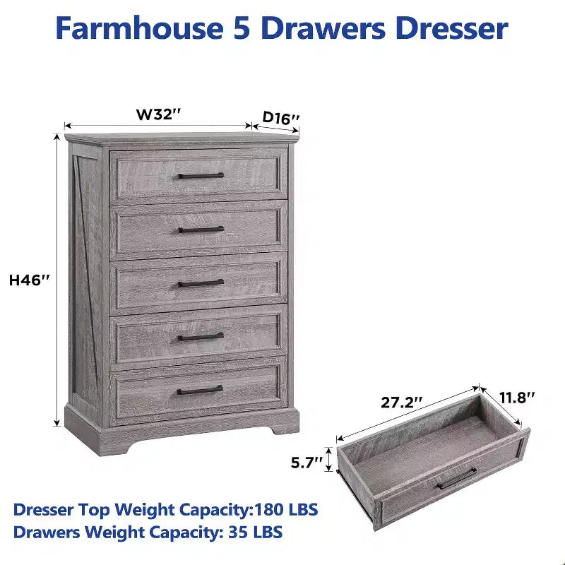 Commode de chambre à 5 tiroirs, commode de ferme de 117 cm de haut avec de larges poignées en métal, organisateur de tiroirs en bois pour chambre à coucher, couloir