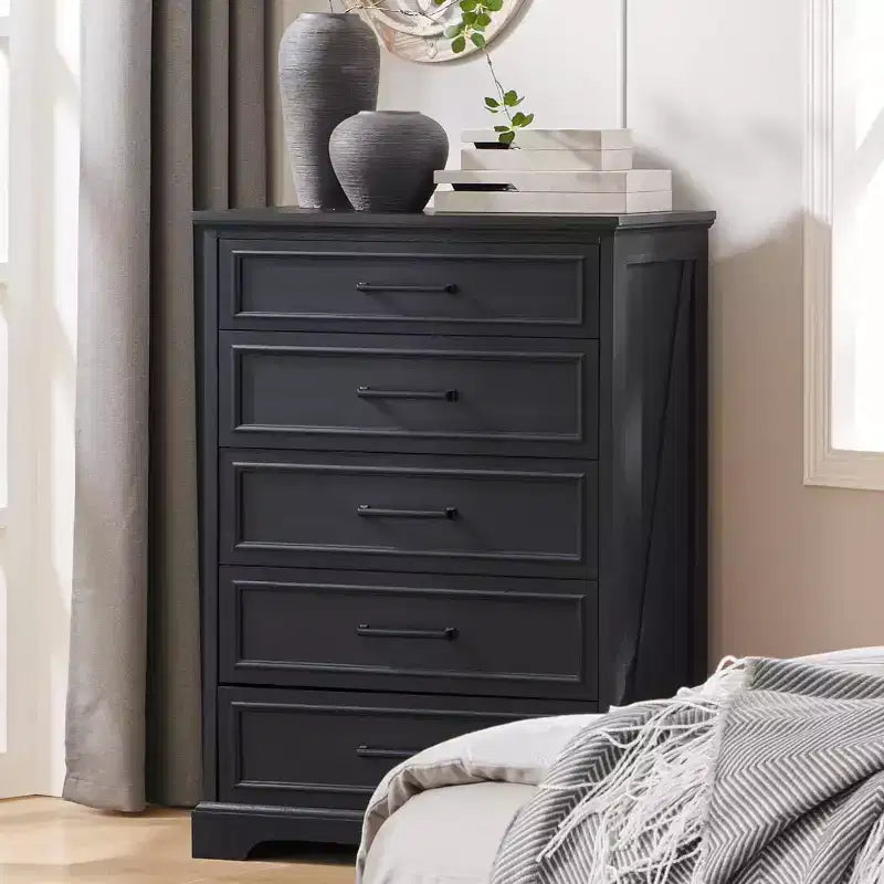 Commode de chambre à 5 tiroirs, commode de ferme de 117 cm de haut avec de larges poignées en métal, organisateur de tiroirs en bois pour chambre à coucher, couloir