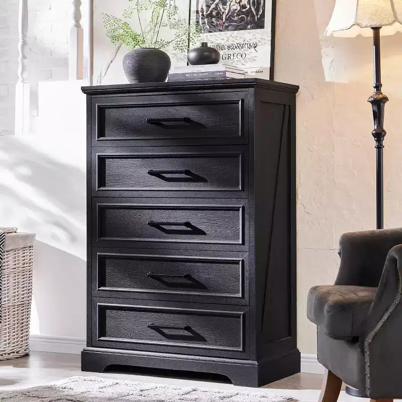 5 Drawer Dressers for Bedroom, 46 Tall Farmhouse Chest of Drawer with Wide Metal Handle, Wood Drawer Organizer for Bedroom, Hallway