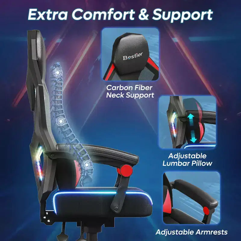 Chaise de jeu en tissu respirant avec éclairage LED RVB et accoudoirs réglables