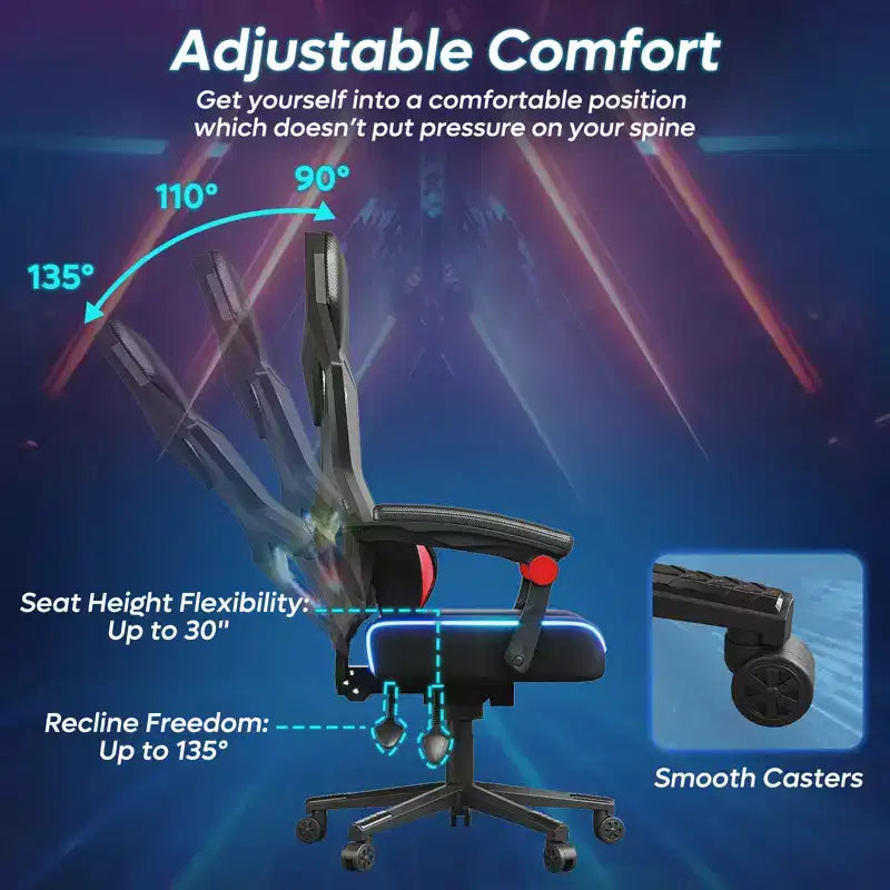 Chaise de jeu en tissu respirant avec éclairage LED RVB et accoudoirs réglables