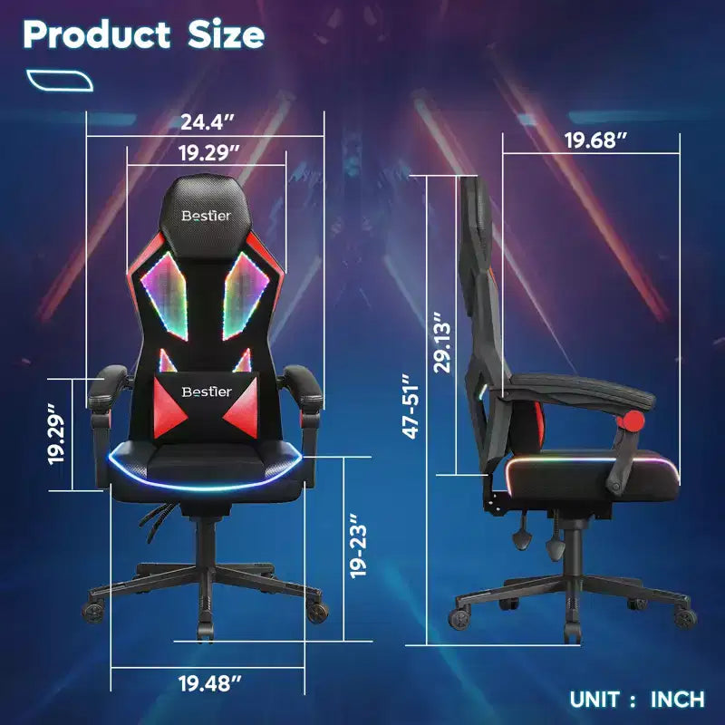 Chaise de jeu en tissu respirant avec éclairage LED RVB et accoudoirs réglables