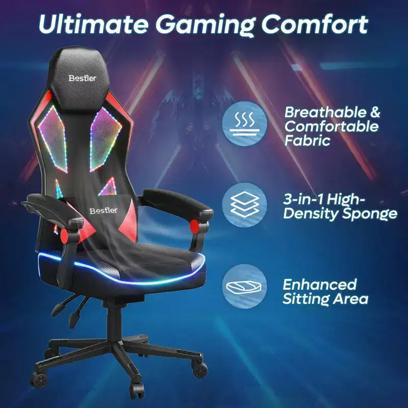 Chaise de jeu en tissu respirant avec éclairage LED RVB et accoudoirs réglables