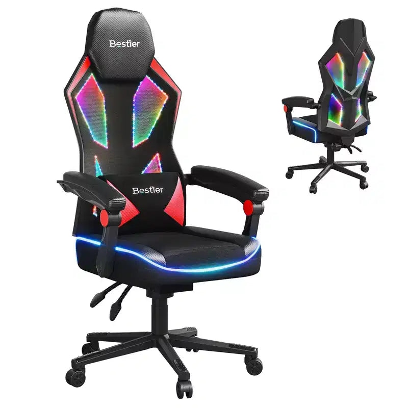 Chaise de jeu en tissu respirant avec éclairage LED RVB et accoudoirs réglables