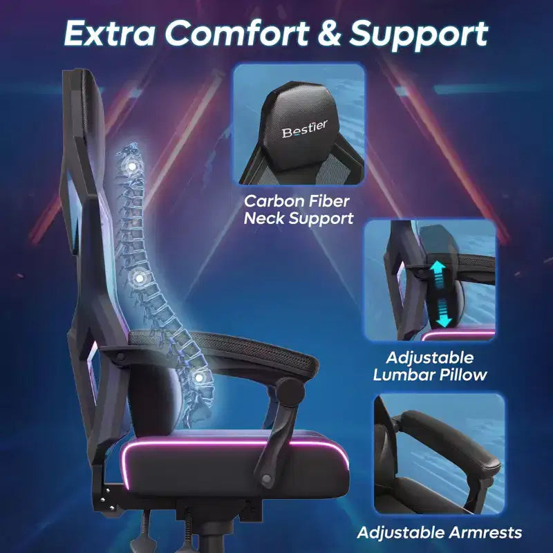 Chaise de jeu en tissu respirant avec éclairage LED RVB et accoudoirs réglables