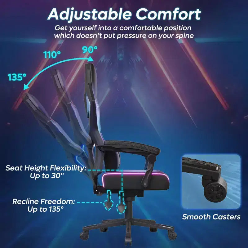 Chaise de jeu en tissu respirant avec éclairage LED RVB et accoudoirs réglables