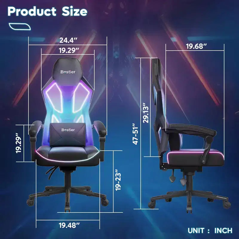 Chaise de jeu en tissu respirant avec éclairage LED RVB et accoudoirs réglables