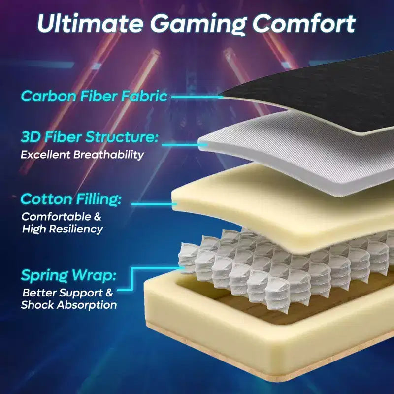 Chaise de jeu en tissu respirant avec éclairage LED RVB et accoudoirs réglables