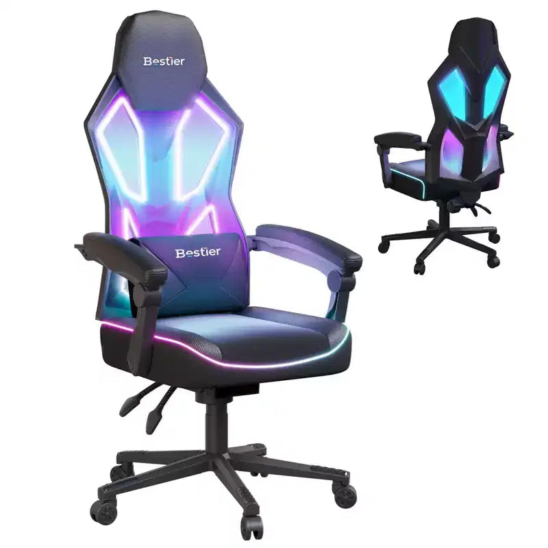 Chaise de jeu en tissu respirant avec éclairage LED RVB et accoudoirs réglables