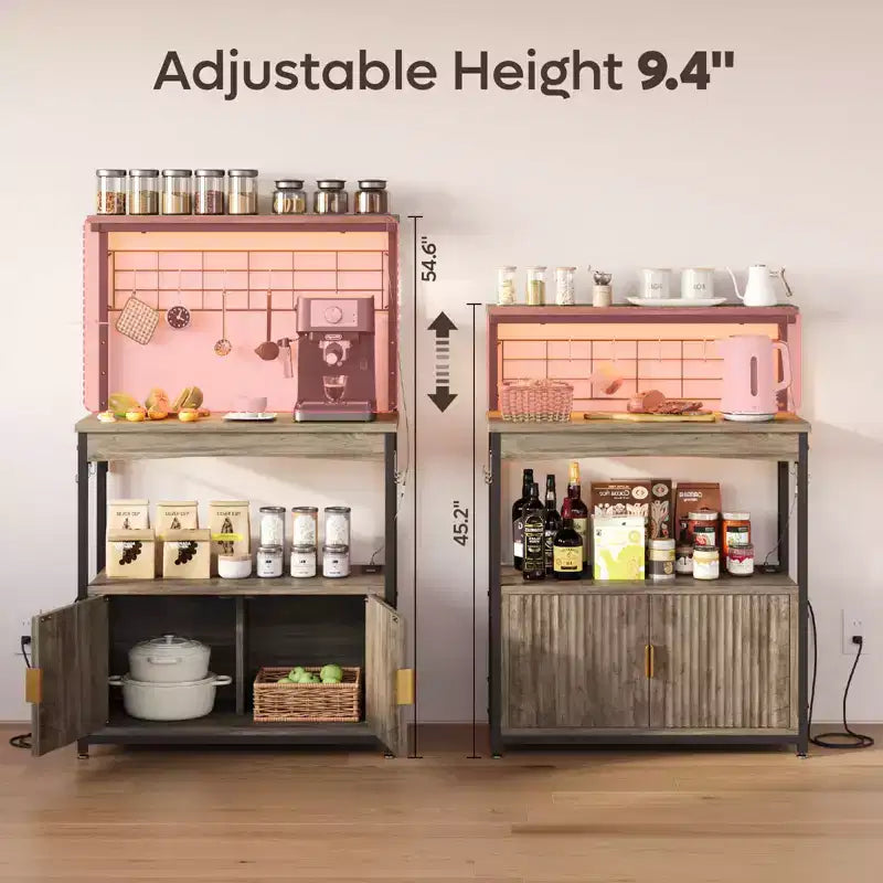 Étagère de Boulanger avec Prise de Courant, Support de Micro-ondes de Cuisine Réglable en Hauteur de 45 à 55 cm avec Armoire de Rangement, Support de Cuisine avec 10 Crochets en S