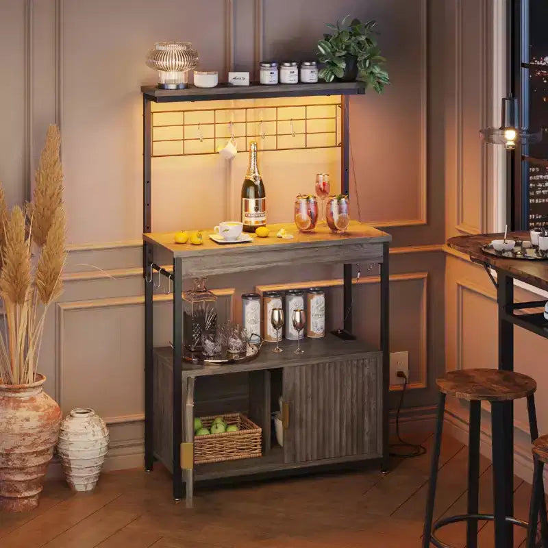 Étagère de Boulanger avec Prise de Courant, Support de Micro-ondes de Cuisine Réglable en Hauteur de 45 à 55 cm avec Armoire de Rangement, Support de Cuisine avec 10 Crochets en S