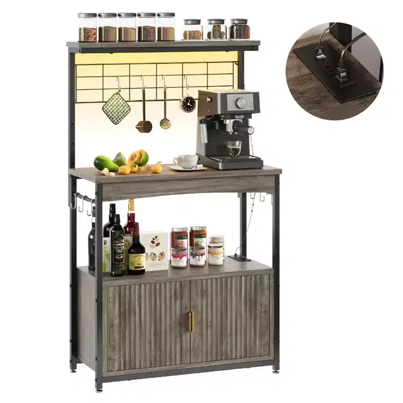 Étagère de Boulanger avec Prise de Courant, Support de Micro-ondes de Cuisine Réglable en Hauteur de 45 à 55 cm avec Armoire de Rangement, Support de Cuisine avec 10 Crochets en S