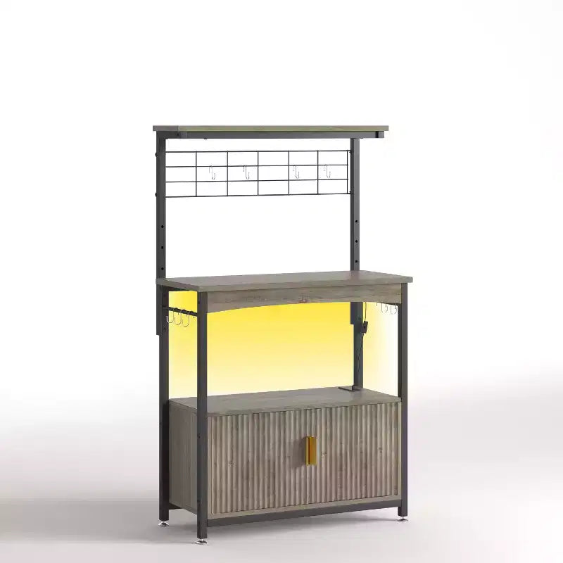 Étagère de Boulanger avec Prise de Courant, Support de Micro-ondes de Cuisine Réglable en Hauteur de 45 à 55 cm avec Armoire de Rangement, Support de Cuisine avec 10 Crochets en S