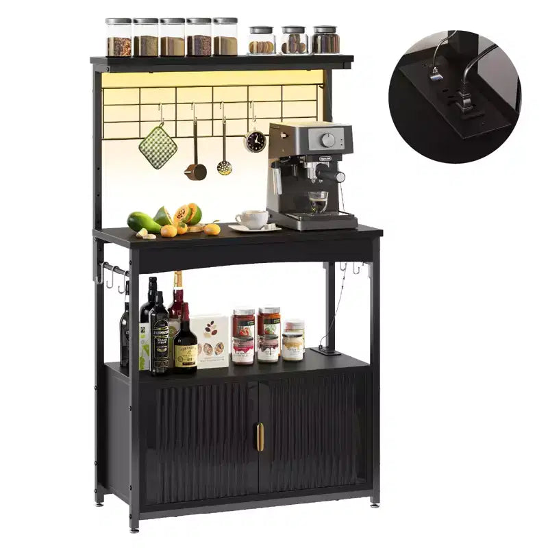 Étagère de Boulanger avec Prise de Courant, Support de Micro-ondes de Cuisine Réglable en Hauteur de 45 à 55 cm avec Armoire de Rangement, Support de Cuisine avec 10 Crochets en S