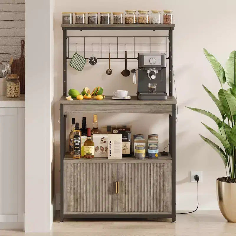 Étagère de Boulanger avec Prise de Courant, Support de Micro-ondes de Cuisine Réglable en Hauteur de 45 à 55 cm avec Armoire de Rangement, Support de Cuisine avec 10 Crochets en S