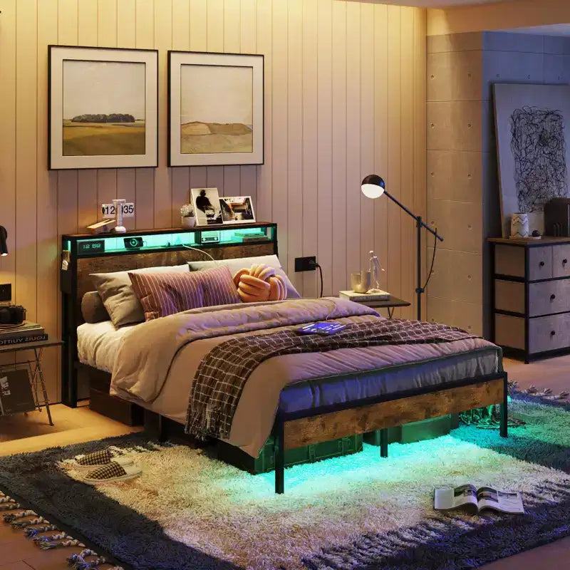 Cadre de lit double avec LED, plateforme de lit avec tête de lit de rangement et station de recharge