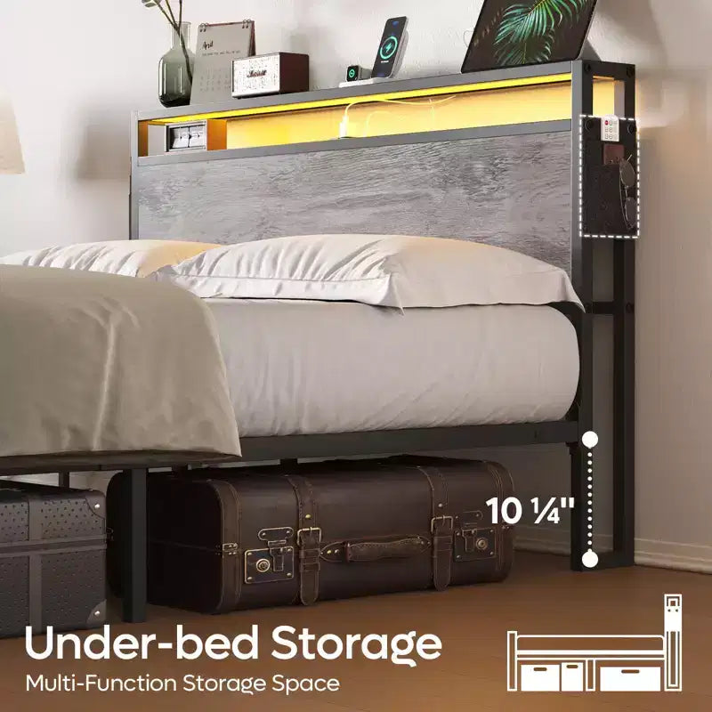 Cadre de lit double avec LED, plateforme de lit avec tête de lit de rangement et station de recharge