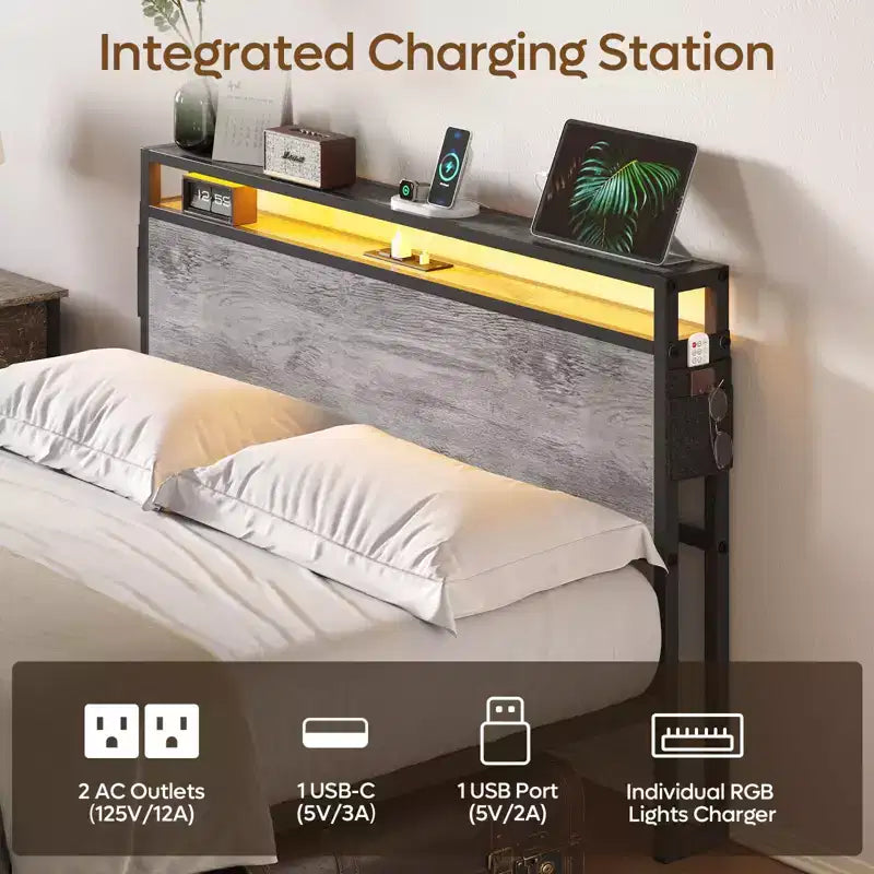 Cadre de lit double avec LED, plateforme de lit avec tête de lit de rangement et station de recharge