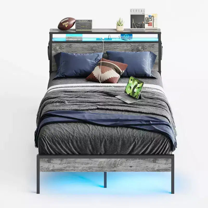Cadre de lit double avec LED, plateforme de lit avec tête de lit de rangement et station de recharge