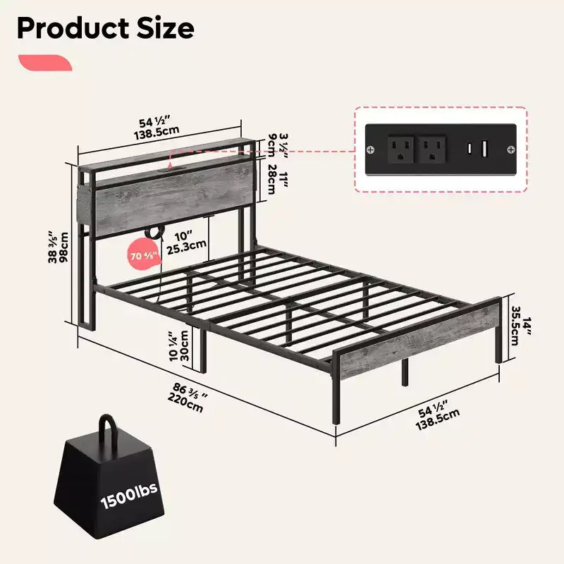 Cadre de lit double avec LED, plateforme de lit avec tête de lit de rangement et station de recharge