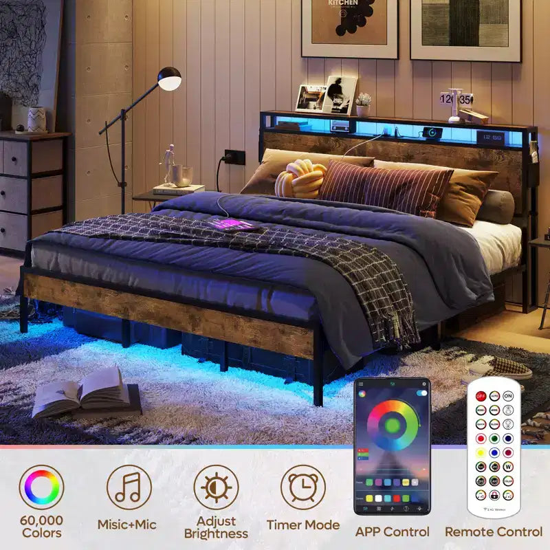Cadre de lit double avec LED, plateforme de lit avec tête de lit de rangement et station de recharge