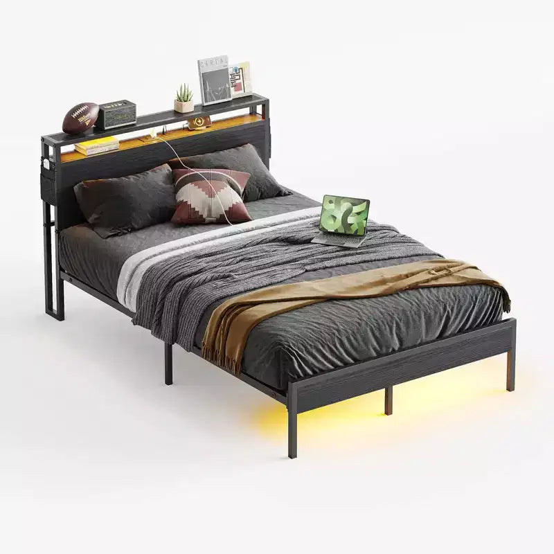 Cadre de lit double avec LED, plateforme de lit avec tête de lit de rangement et station de recharge