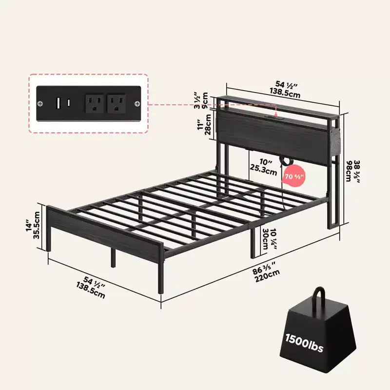 Cadre de lit double avec LED, plateforme de lit avec tête de lit de rangement et station de recharge