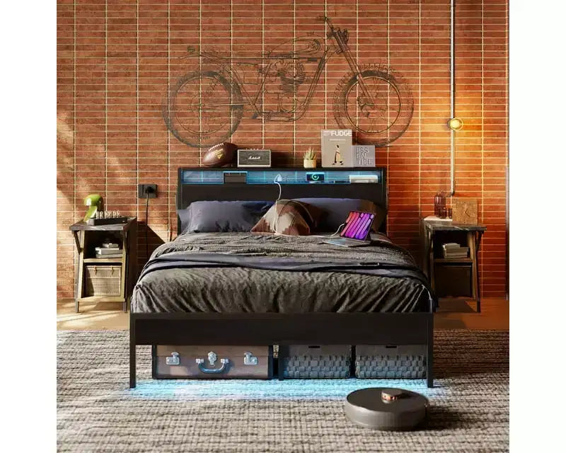 Cadre de lit double avec LED, plateforme de lit avec tête de lit de rangement et station de recharge