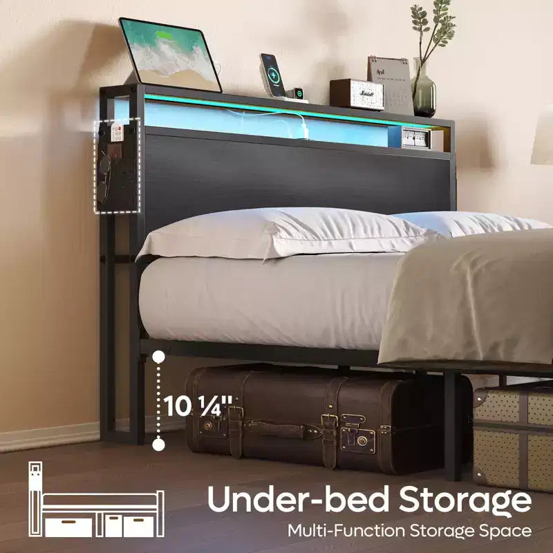 Cadre de lit double avec LED, plateforme de lit avec tête de lit de rangement et station de recharge