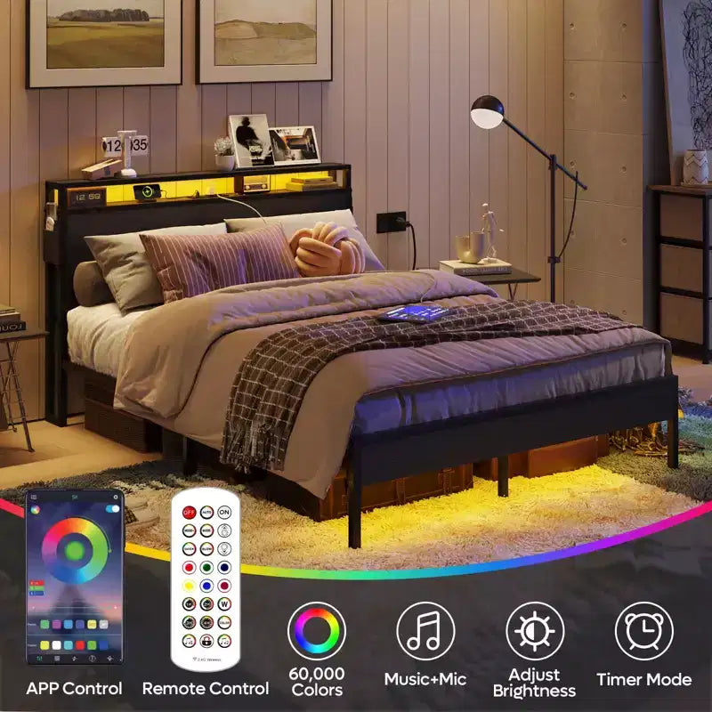 Cadre de lit double avec LED, plateforme de lit avec tête de lit de rangement et station de recharge