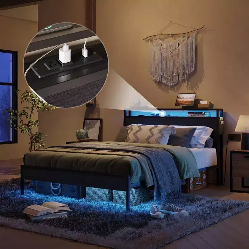 Cadre de lit double avec LED, plateforme de lit avec tête de lit de rangement et station de recharge