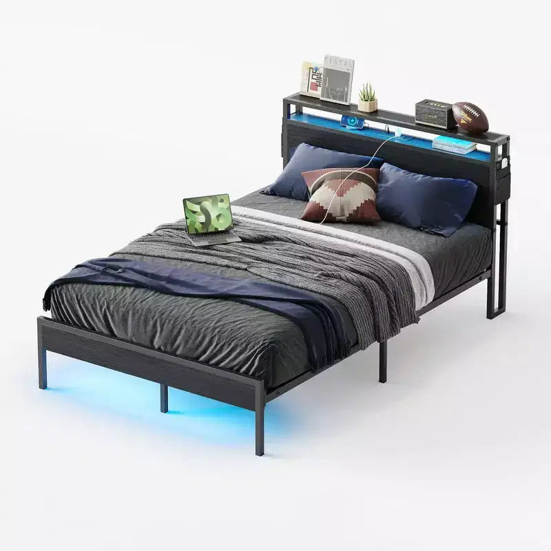 Cadre de lit double avec LED, plateforme de lit avec tête de lit de rangement et station de recharge