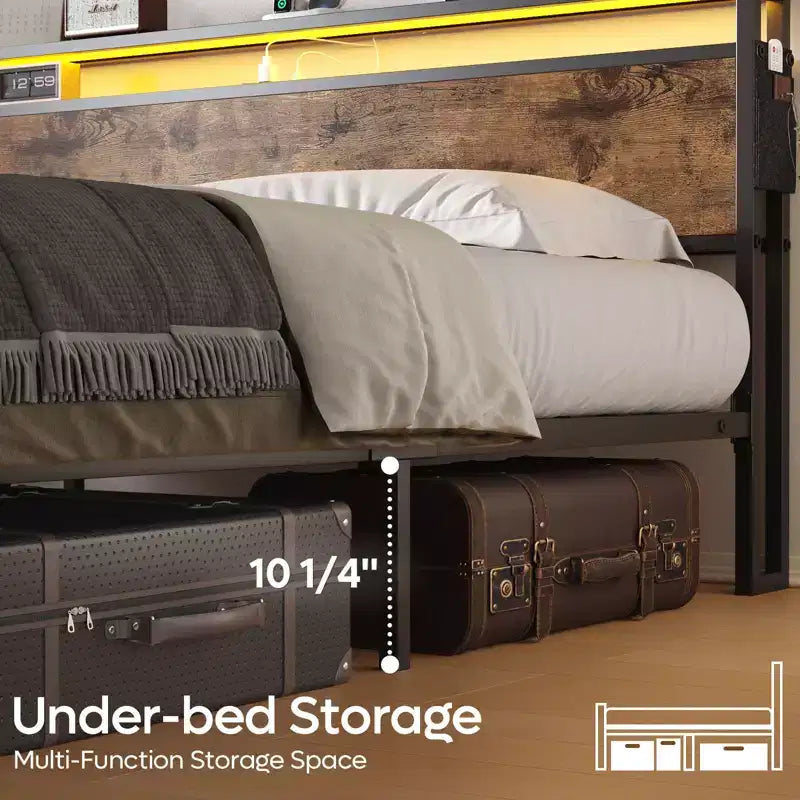 Cadre de lit double avec LED, plateforme de lit avec tête de lit de rangement et station de recharge