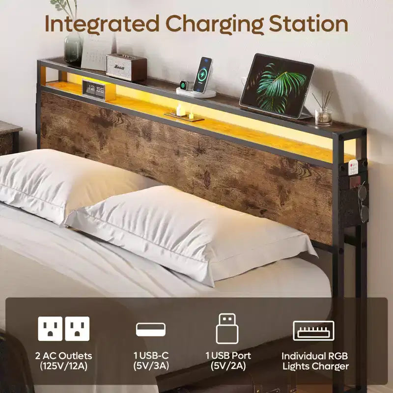 Cadre de lit double avec LED, plateforme de lit avec tête de lit de rangement et station de recharge