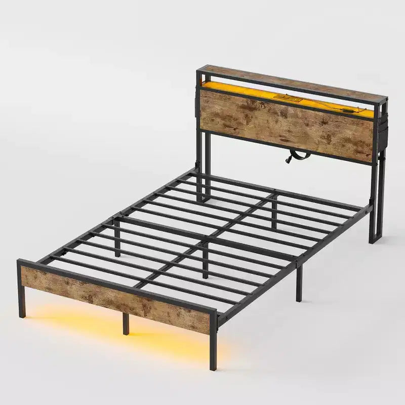 Cadre de lit double avec LED, plateforme de lit avec tête de lit de rangement et station de recharge