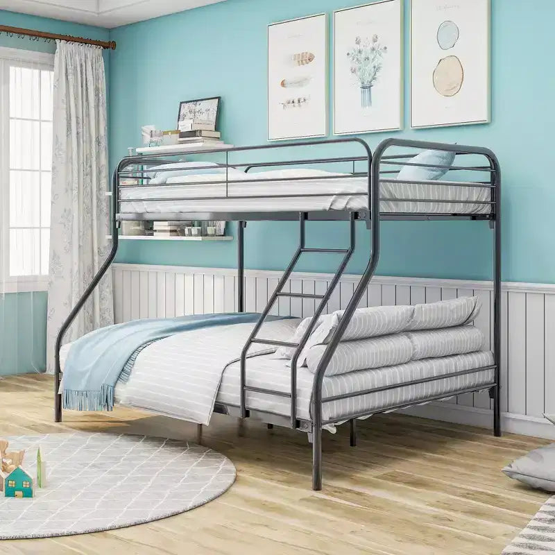 MAYEERTY Twin-Over-Full Heavy Duty Metal Bunk Bed with Enhanced Guardrail &amp; Inclined Ladder for Kids Bedroom