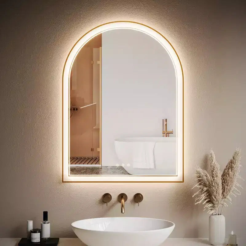 24x32 Inch Arched Gold LED Bathroom Mirror - Anti-Fog Front &amp; Back Lighting with Memory Function, 3 Color Temperatures, Touch Control (Gold)
