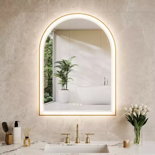 Miroir de salle de bain LED arqué doré 24x32 pouces - Anti-buée, éclairage avant et arrière avec fonction mémoire, 3 températures de couleur, contrôle tactile (Doré)