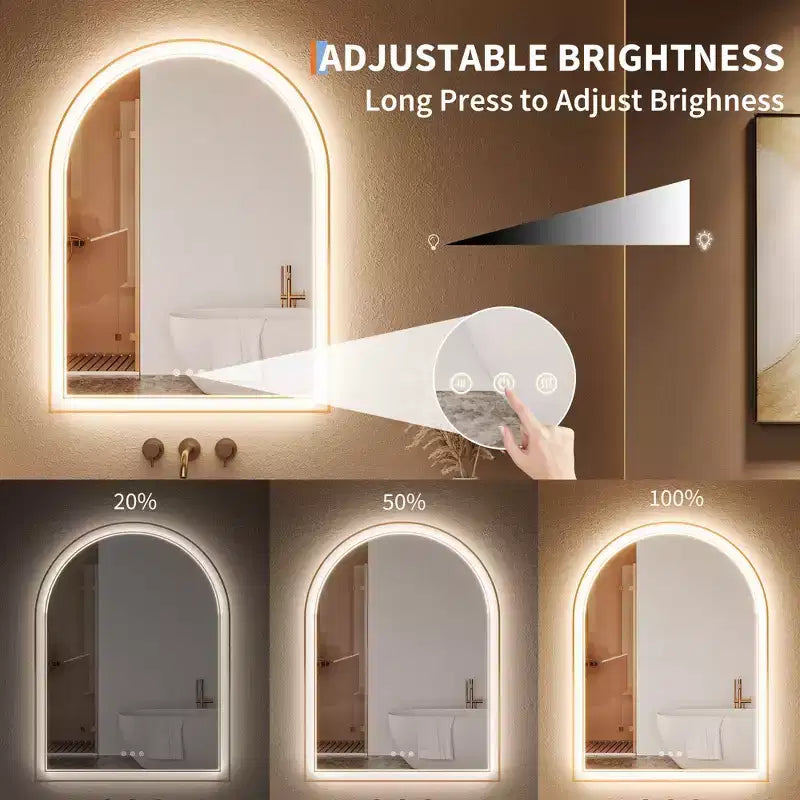 Miroir de salle de bain LED arqué doré 24x32 pouces - Anti-buée, éclairage avant et arrière avec fonction mémoire, 3 températures de couleur, contrôle tactile (Doré)