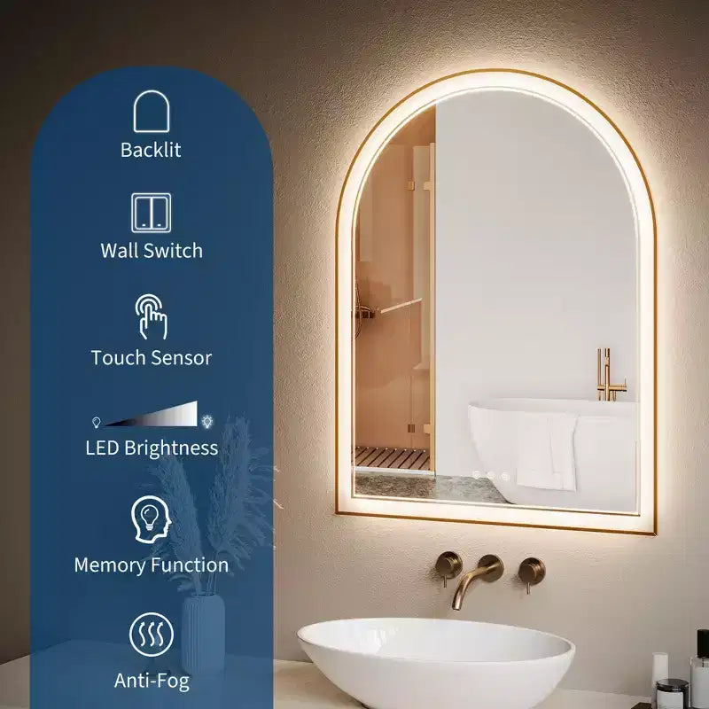 Miroir de salle de bain LED arqué doré 24x32 pouces - Anti-buée, éclairage avant et arrière avec fonction mémoire, 3 températures de couleur, contrôle tactile (Doré)