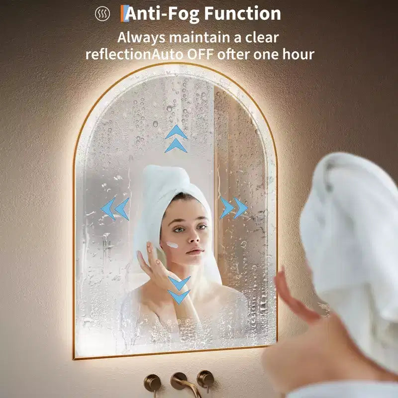 Miroir de salle de bain LED arqué doré 24x32 pouces - Anti-buée, éclairage avant et arrière avec fonction mémoire, 3 températures de couleur, contrôle tactile (Doré)