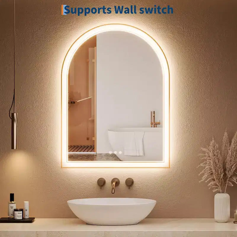 Miroir de salle de bain LED arqué doré 24x32 pouces - Anti-buée, éclairage avant et arrière avec fonction mémoire, 3 températures de couleur, contrôle tactile (Doré)