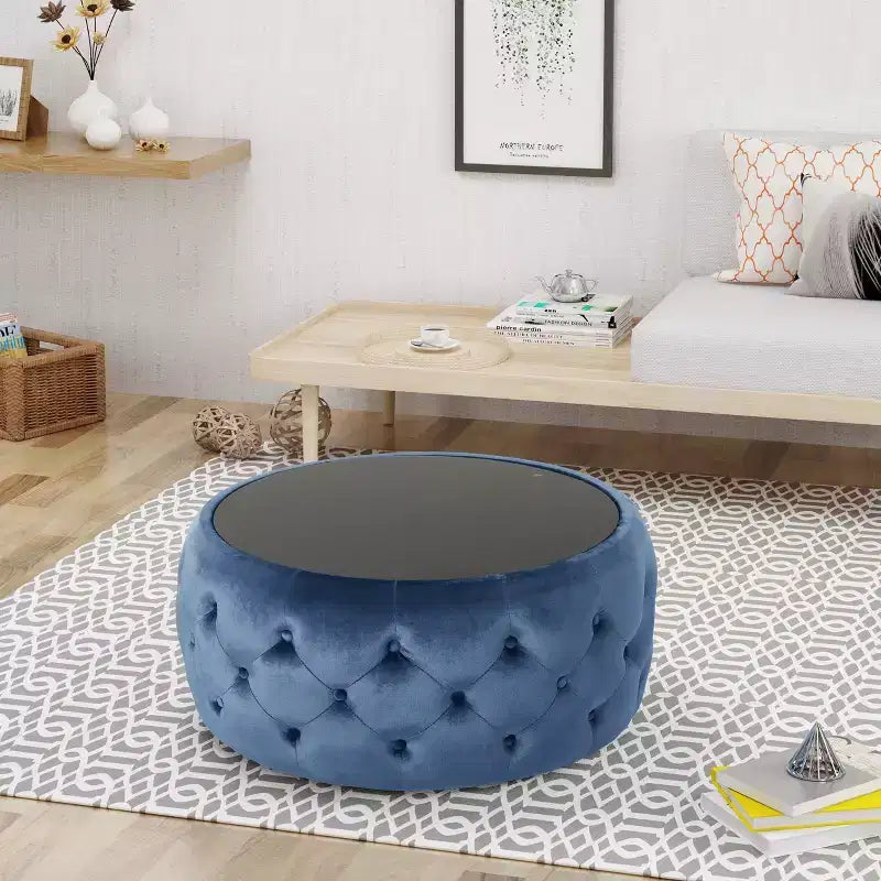 Repose-pieds ottoman moderne avec plateau en verre, table basse ronde en velours touffeté, avec capitonnage en losange, pour salon, chambre à coucher