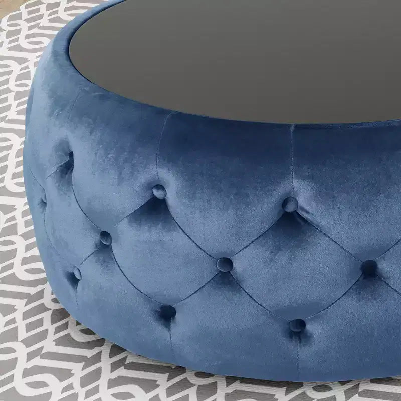 Repose-pieds ottoman moderne avec plateau en verre, table basse ronde en velours touffeté, avec capitonnage en losange, pour salon, chambre à coucher