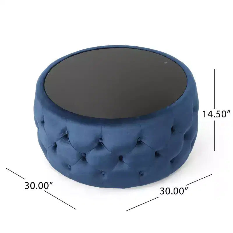 Repose-pieds ottoman moderne avec plateau en verre, table basse ronde en velours touffeté, avec capitonnage en losange, pour salon, chambre à coucher