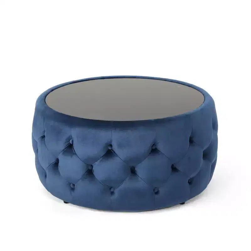 Repose-pieds ottoman moderne avec plateau en verre, table basse ronde en velours touffeté, avec capitonnage en losange, pour salon, chambre à coucher